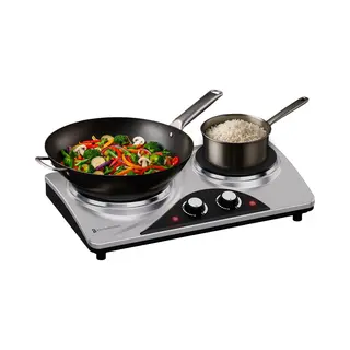 KitchenBrothers Elektrokochfeld - 2 Brenner - Freistehend - 7 Temperaturstufen - 1500W + 1000W - Edelstahl/Schwarz