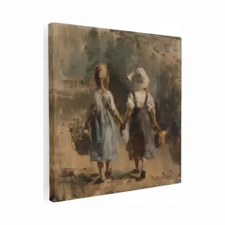Artaza Canvas Schilderij Twee Kleine Meisjes Met Manden - 80x80 Cm - Groot - Wanddecoratie Woonkamer - Schilderijen - Muurdecoratie