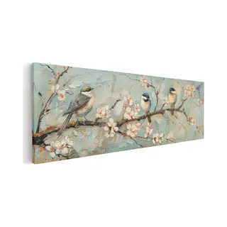 Artaza Canvas Schilderij Drie Vogels Op Een Tak Met Bloesems - Dieren - 90x30 Cm - Wanddecoratie Woonkamer - Schilderijen - Muurdecoratie