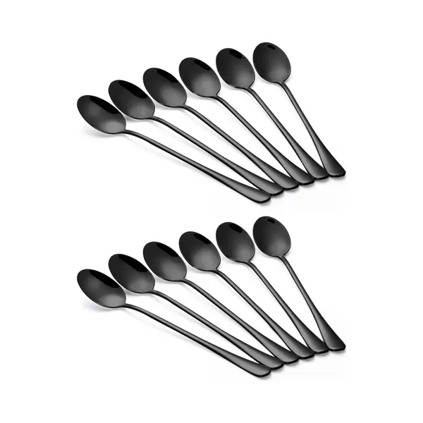 Alheco 12 Lange Ovale Lepels – Latte Macchiato – Dessertlepels Set – 19, 5cm – Sorbetlepels – IJslepels - Theelepels - Zwart thumbnail