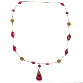Behave® Ketting Goudkleur Met Roze Paarse En Houten Kralen – 100 Cm Mode-accessoire