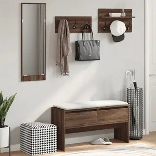 VidaXL Hallway Furniture Set 4 Piece - Brown Oak Engineered Wood - Shoe Bench, Drawers, Mirror, Coat Racks, Wall-Mounted