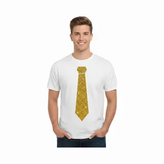 Bellatio Decorations T-shirt Met Stropdas Print Goud - Heren - Wit - Feestelijke Shirts - Glitter - Glamour Xl