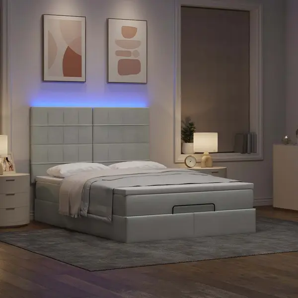 VidaXL Ottoman-Bett Mit Matratzen & LEDs Hellgrau 140x190 Cm Samt thumbnail