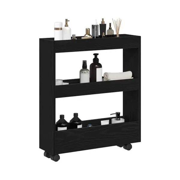VidaXL Narrow Storage Trolley Black Oak 60 X 18 X 70 Cm, Modern Kitchen Cart, Narrow Storage Trolley, Durable Engineered Wood Unit, Movable Shelf thumbnail