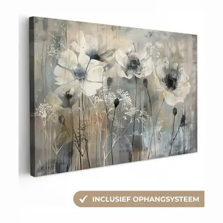 OneMillionCanvasses Canvas Schilderij 140x90 Cm - Wanddecoratie Bloemen - Planten - Grijs - Abstract - Muurdecoratie Woonkamer - Slaapkamer Decoratie - Kamer Accessoires