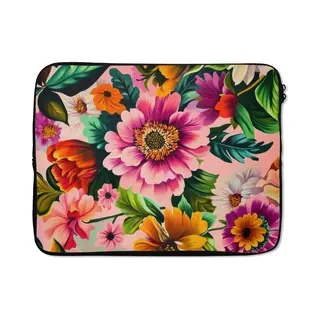 Laptophoes 15.6 Inch - Bloemen - Kleurrijk - Roze - Laptop Sleeve - Binnenmaat 37x26 Cm - Zwarte Achterkant