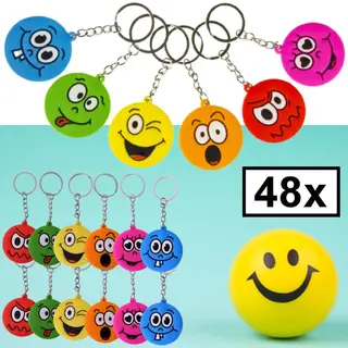 Decopatent 48 Stuks Vrolijke Gezichten Smiley Sleutelhangers - Uitdeelcadeaus - Traktatie Uitdeelcadeautjes Voor Kinderen - Grabbelton - School -
