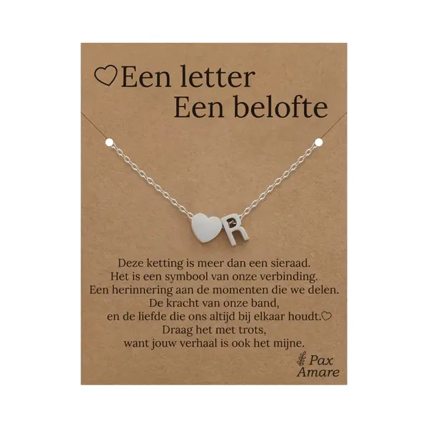 Letter R Ketting Op Cadeau Kaartje - Een Letter, Een Belofte - 45cm Zilverkleurig Stainless Steel - Initiaal & Hartje Hanger - Pax Amare thumbnail