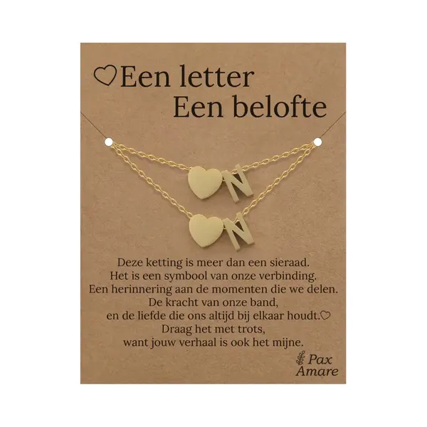 Letter N Ketting + Armband Set Op Cadeau Kaartje - Een Letter, Een Belofte - Goudkleurig Stainless Steel - Initiaal & Hartje Hanger - Pax Amare thumbnail
