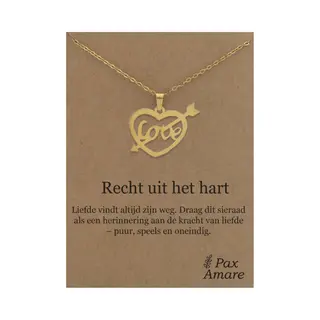 Stainless Steel Hartje Met "Love" Ketting Op Cadeau Kaartje - Recht Uit Het Hart - 45cm Goudkleurig Roestvrij Staal - Pax Amare