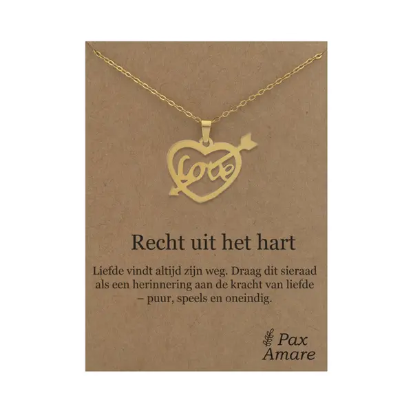 Stainless Steel Hartje Met "Love" Ketting Op Cadeau Kaartje - Recht Uit Het Hart - 45cm Goudkleurig Roestvrij Staal - Pax Amare thumbnail