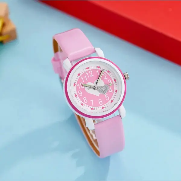 Actie4you® - Meisjes Horloge – Roze Met Hartjes – Pu Leren Bandje - Girls Watch – Kids Horloge thumbnail