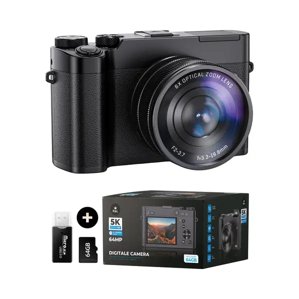 K&L Digitalkamera 5K - 64MP - 6X Optischer Zoom - Fotokamera - Kompaktkamera - Vlog-Kamera - Ideal Für Einsteiger - Inklusive 64GB - Nl Software thumbnail