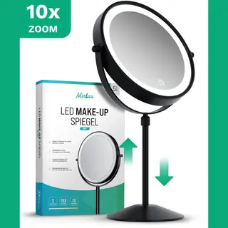 Mirlux Make Up Spiegel Met Led Verlichting - 10x Vergroting – Hoogte Verstelbaar - 3 Lichtstanden - Oplaadbaar - Vergrootspiegel Zwart