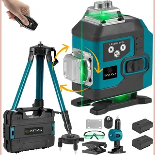 Instava Roteerbare 4D 16-lijn Kruislijnlaser + Statief - Zelfnivellerende 360° Graden Groene Draaibaarde Lasers - Incl. 2x Accu & Stevige
