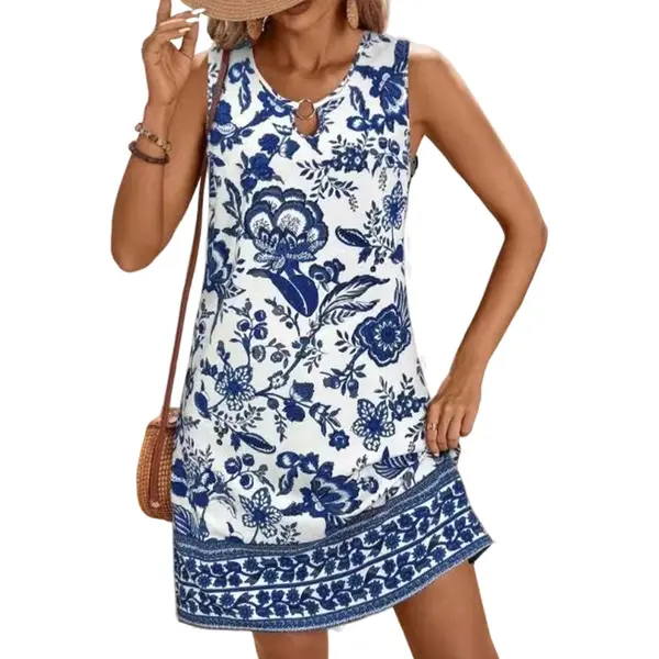 RedParrot Zomer Jurk - Wit Met Blauw - Dames - Mode - Lang thumbnail