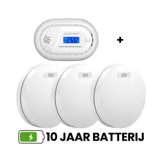 Aroha Safety Pro Brandpreventieset - 3 Rookmelders & 1 Co Melder - 10 Jaar Batterij & Sensor - Extra Dun Design Brandmelder - Koolmonoxidemelder -