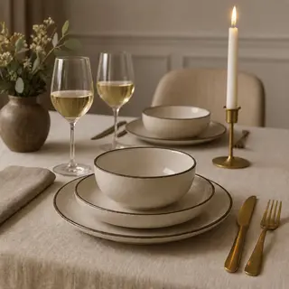 Casa Di Elturo 12-delige Keramische Serviesset Siena – Beige/Zwart – 4 Dinerborden, 4 Dessertborden & 4 Kommen