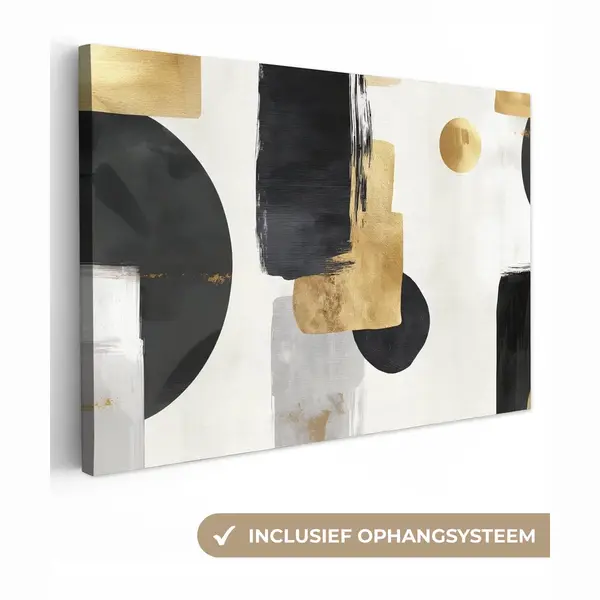 OneMillionCanvasses Canvas Schilderij 90x60 Cm - Exclusieve Wanddecoratie Goud - Rechthoeken - Cirkels - Abstract - Muurdecoratie Woonkamer - Slaapkamer Decoratie - Kamer thumbnail
