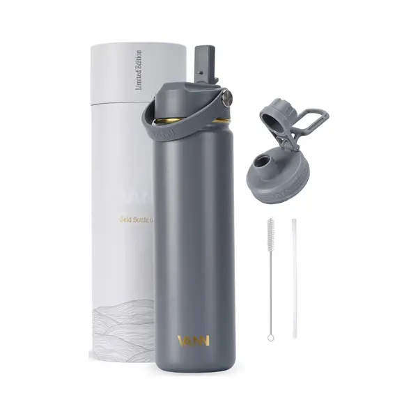 Vann® Rvs Drinkfles 650 Ml Met Rietje Voor Volwassenen – 3-Wandig – Met 2 Doppen – Thermosfles – 12 Uur Warm/24 Uur Koud – Cadeau Voor Man thumbnail