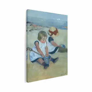 Artaza Canvas Schilderij Twee Kinderen Spelen Op Het Strand Met Emmer En Schepje - Met De Zee Op De Achtergrond - 30x40 Cm - Klein - Wanddecoratie