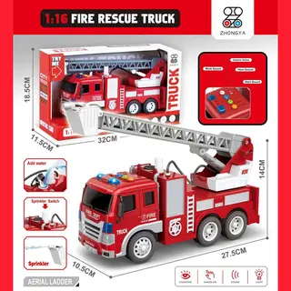 698 Jian Sheng Toys Brandweerwagen 1, 16 - Met Sproeislang En Ladderwagen - Frictiemotor - Geluid En Lichteffecten