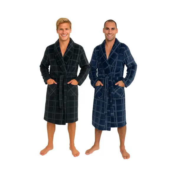 Heren Badjas Ruit - Fleece Badjas Met Sjaalkraag - 2 Kleuren-l-blauw thumbnail