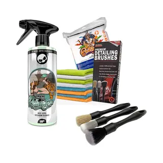 Nuke Guys Interieurreinigingsset Bestaande Uit; 500 Ml Interieurreiniger, 3 Detailing Kwastjes, 8 Microfiber Poetsdoekjes 40x40 Cm.