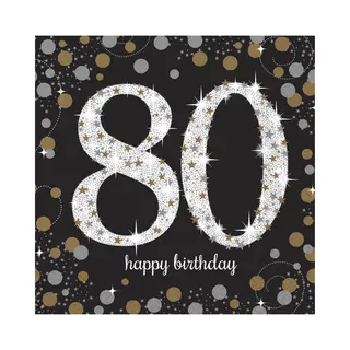 Amscan Servetten 80 Jaar - 16x Stuks - Zwart - 33 X 33 Cm - Confetti - Luxe - Verjaardag