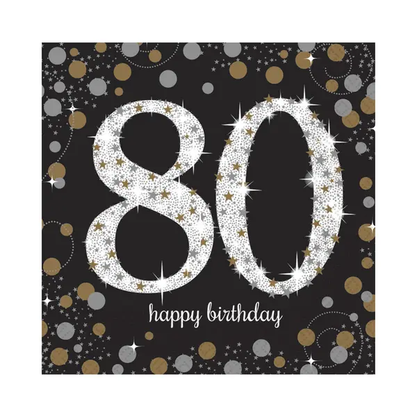 Amscan Servetten 80 Jaar - 16x Stuks - Zwart - 33 X 33 Cm - Confetti - Luxe - Verjaardag thumbnail