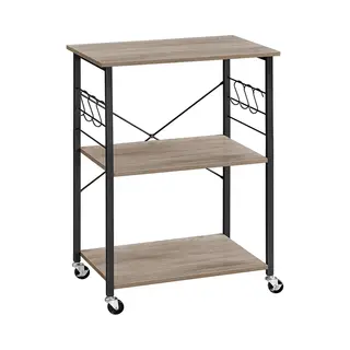 Vasagle Keukenplank - Keukenrek - Keukentrolley - Met Wielen - Hoogte 89 Cm - 3 Niveaus - 6 Haken - Greige-Zwart