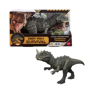 Mattel Jurassic World Wild Brullende Ceratosaurus dinosaurusactiefiguur, speelgoed, aanval, licht en geluid, scancode