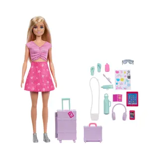 Barbie Family & Friends Modepuppe „Malibu“ aus der „Grenzenlose Abenteuer“-Reihe mit mehr als 10 Zubehörteilen rund ums Reisen
