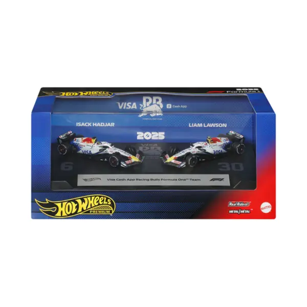 Hot Wheels Premium Visa Cash App Racing Bulls F1-Team 2er-Pack mit den Rennwagen von Liam Lawson und Isack Hadjar thumbnail