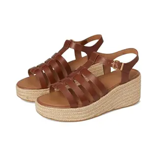 Fitflopvoor Vrouwen. JF5-C15 Bruine Leren Espadrilles In Visserstijl Met Sleehak (41), Leer, 5 Tot 8 Cm, Gesp, Casual
