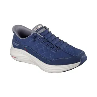 Skechers Contour Foam Cozy Fit Hands Free Slip-in Sneakers Voor Heren, Grijze Duraleather Mesh Rand In Marineblauw, 44 Eu