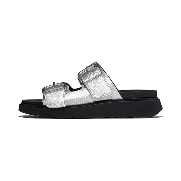 FitFlop Womens Gen Ff Buckle Tumbled Leather Two Bar Slides, Silver, 5 thumbnail