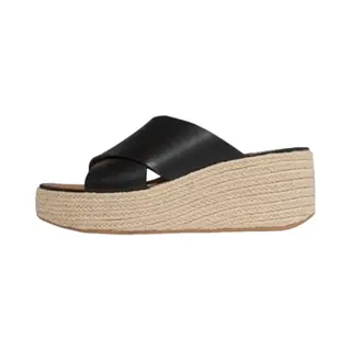 FitFlop Platfforms Espadrille Leather Wedge Cross Slides Zwart - Maat 41