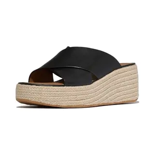 FitFlop Platfforms Espadrille Leather Wedge Cross Slides Zwart - Maat 42