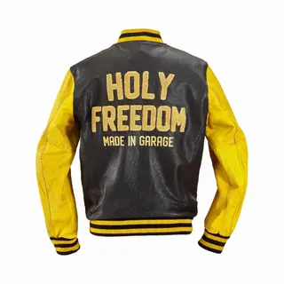 HolyFreedom Varsity College Zwart Geel Leather Jacket - Maat L - Jas