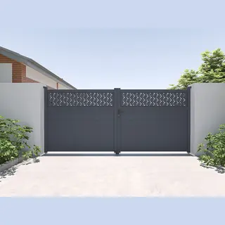 Vente-unique Draaipoort Van Aluminium Met Motieven - Halfopengewerkt - L. 305 X H. 182 Cm - Antraciet - Bazio