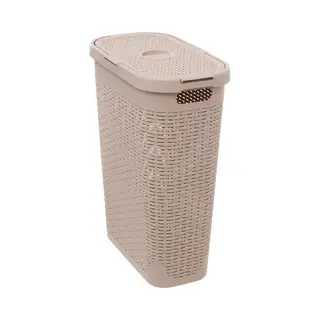 5Five Smalle Wasmand Met Deksel Rotan - Beige - Gevlochten Kunststof - 40 Liter - 26 X 46 X 60 Cm