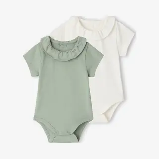 Vertbaudet Set Van 2 Rompers Voor Baby Met Sierkraag Met Korte Mouwen Saliegroen