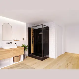 Vente-unique Rechteckige Duschkabine Mit Hydromassage - Bambus - Beidseitige Installation - Schwarz Matt - 120 X 80 X 225 Cm - Vituna