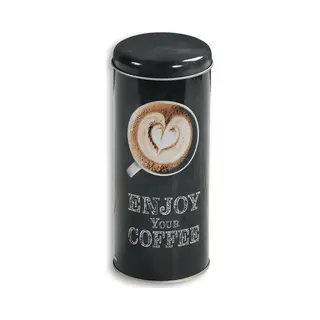 Kesper Koffie Bewaarblik Voor Pads - Enjoy Your Coffee - Metaal - Zwart - Drukdeksel - D8 X H17 Cm