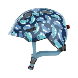 Abus Kinderhelm Smiley 3.0 Led - Fahrradhelm Mit Licht - Tiefe Passform & Platz Für Einen Zopf - Für Mädchen Und Jungs - Blau Mit Auto-Muster,