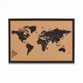 Zeller Prikbord Wereldkaart - Zwart - 60 X 40 Cm - Kurk/hout - Memobord