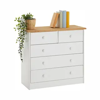 Idimex Rondo Commode Voor Slaapkamer, Opbergkast Met 5 Laden, Van Massief Grenenhout, Wit En Bruin Gelakt