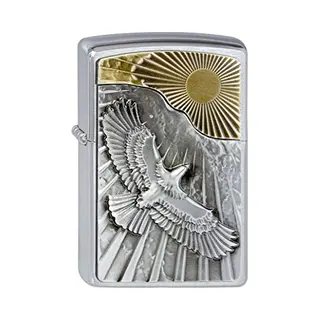 Zippo - Stormaansteker, Embleem Van De Adelaar Vliegt Naar De Zon, Geborsteld Chroom, Navulbaar, Herbruikbaar, Winddicht, Geschenkdoos, Gemaakt In De
